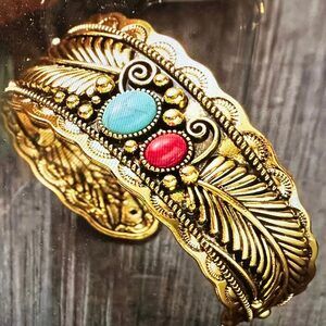 Handcrafted Boho Native American Bracelet, Gold Plated Turquoise and Coral Ston